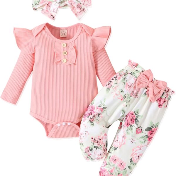 GDTOGRT Baby Girl Clothes Newborn Infant Outfits Ruffle Romper+ Floral Pants + Cute Headband Sets for Girls