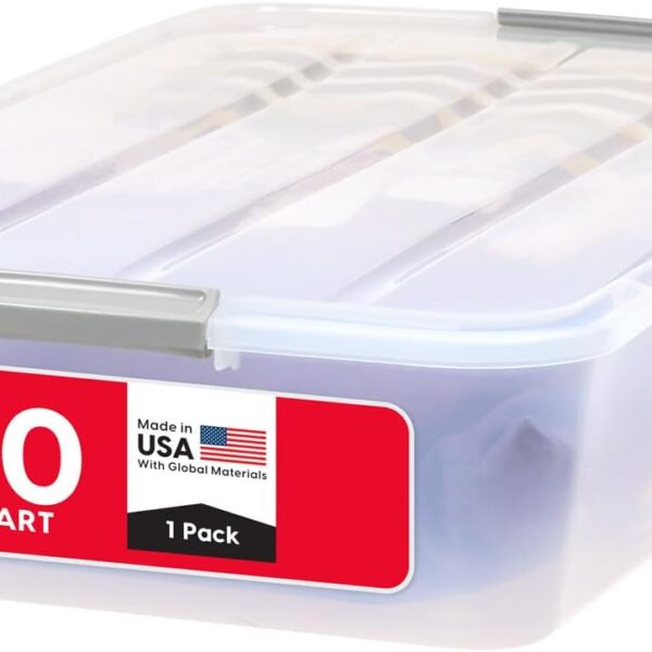 IRIS USA 50 Qt Plastic Under Bed Storage Organizer Bin Container with Secure Lids and Durable Black Buckles, Multi-Purpose for Clothes Shoes Clothing Bedding, Long, Clear