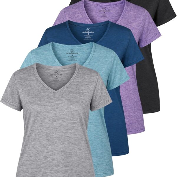 Real Essentials 5 Pack: Women's Dry Fit Short Sleeve V Neck Workout Top - Fitness Gym Athletic Yoga T-Shirt (Plus Available)