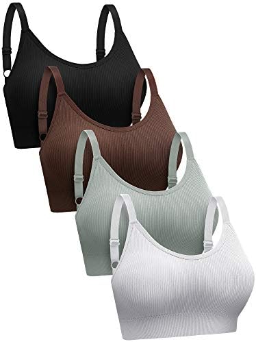 SATINIOR 4 Pack Women's Sports Bra, Padded Ribbed Cami Bra Seamless Bralette Wireless No Underwire Workout Tank Top