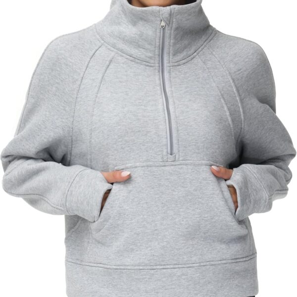 THE GYM PEOPLE Womens' Half Zip Pullover Fleece Stand Collar Crop Sweatshirt with Pockets Thumb Hole