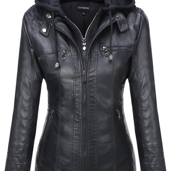 Tanming Womens Faux Leather Jacket Hooded Moto Biker Coat Outerwear Fall Fashion Outfits Winter Clothes