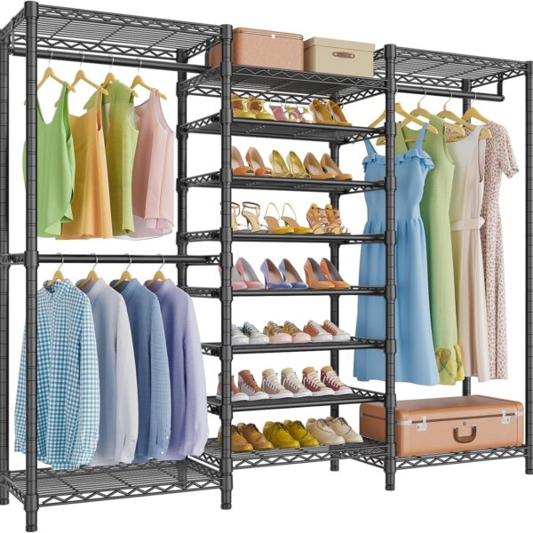 VIPEK S3 Heavy Duty Garment Rack Freestanding Clothes Rack Closet Storage Organizer Large Wardrobe with 6-Tier Shoe Rack, Hanging Rod, Adjustable Shelf, 68.9" L x 15.7" W x 76.4" H, Black
